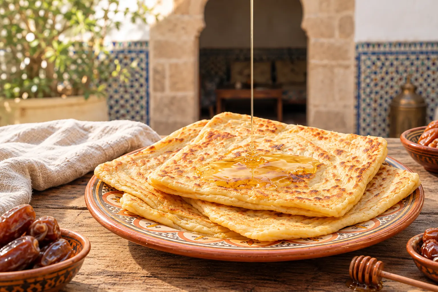 Après : msemen sans gluten nappés de miel qui coule, servis avec des dattes dans une cour marocaine