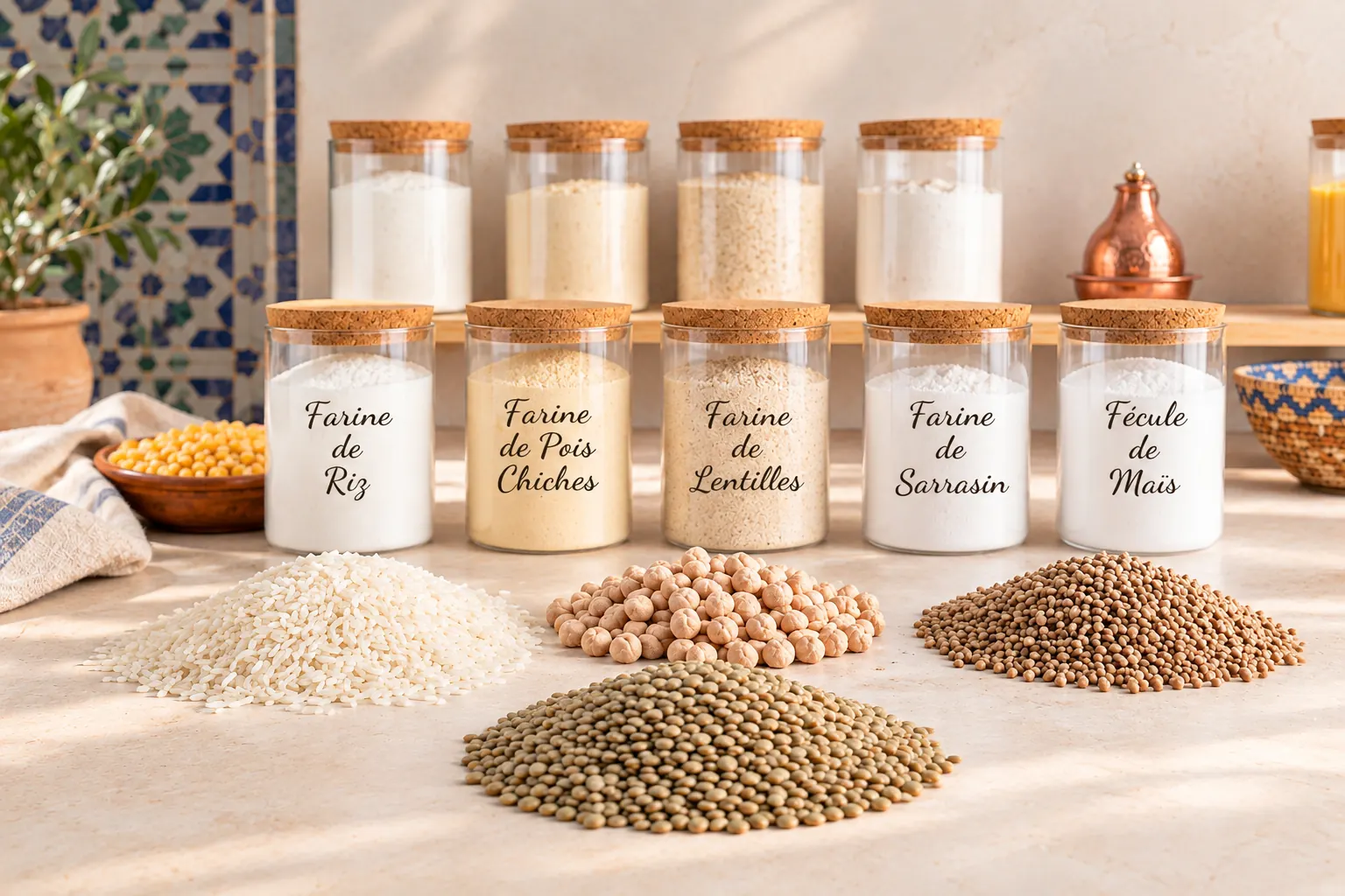 Avant : bocaux de farines de riz, de pois chiches, de lentilles et de sarrasin, fécule de maïs, et tas de riz, pois chiches et lentilles crus