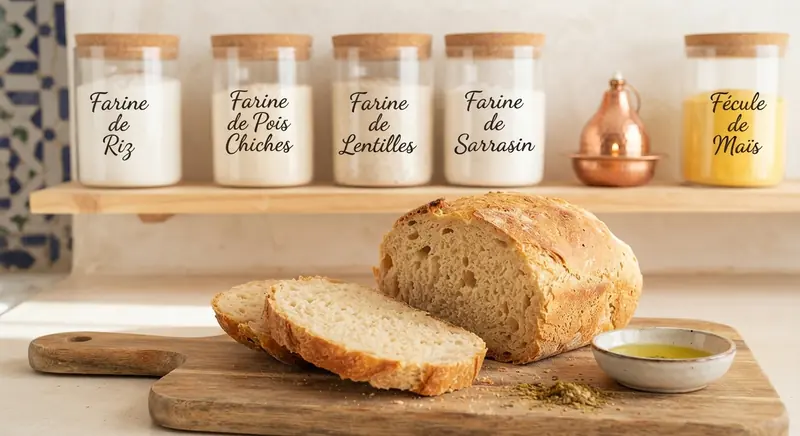 Pain maison sans gluten tranché sur une planche, devant des bocaux de farines