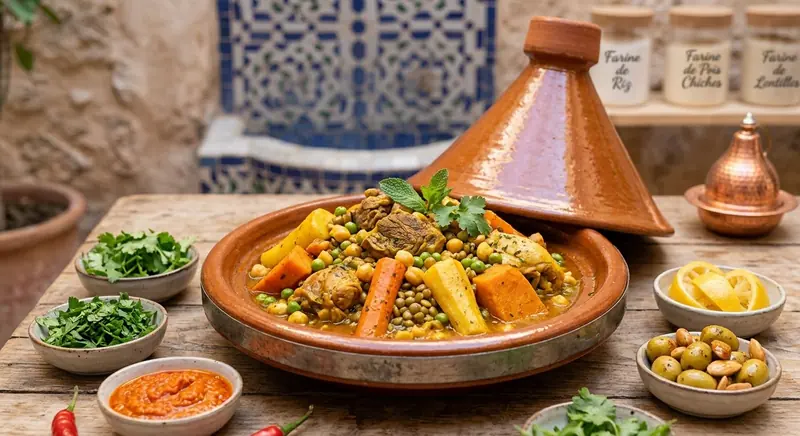 Tajine de légumes et petits pois dans un plat en terre cuite, avec des herbes fraîches